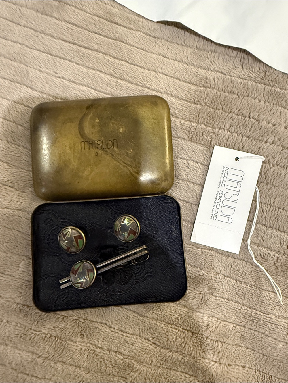 Vintage Matsuda Men's Brass Cufflink and Tie Clip Set - Multicolor Enamel
